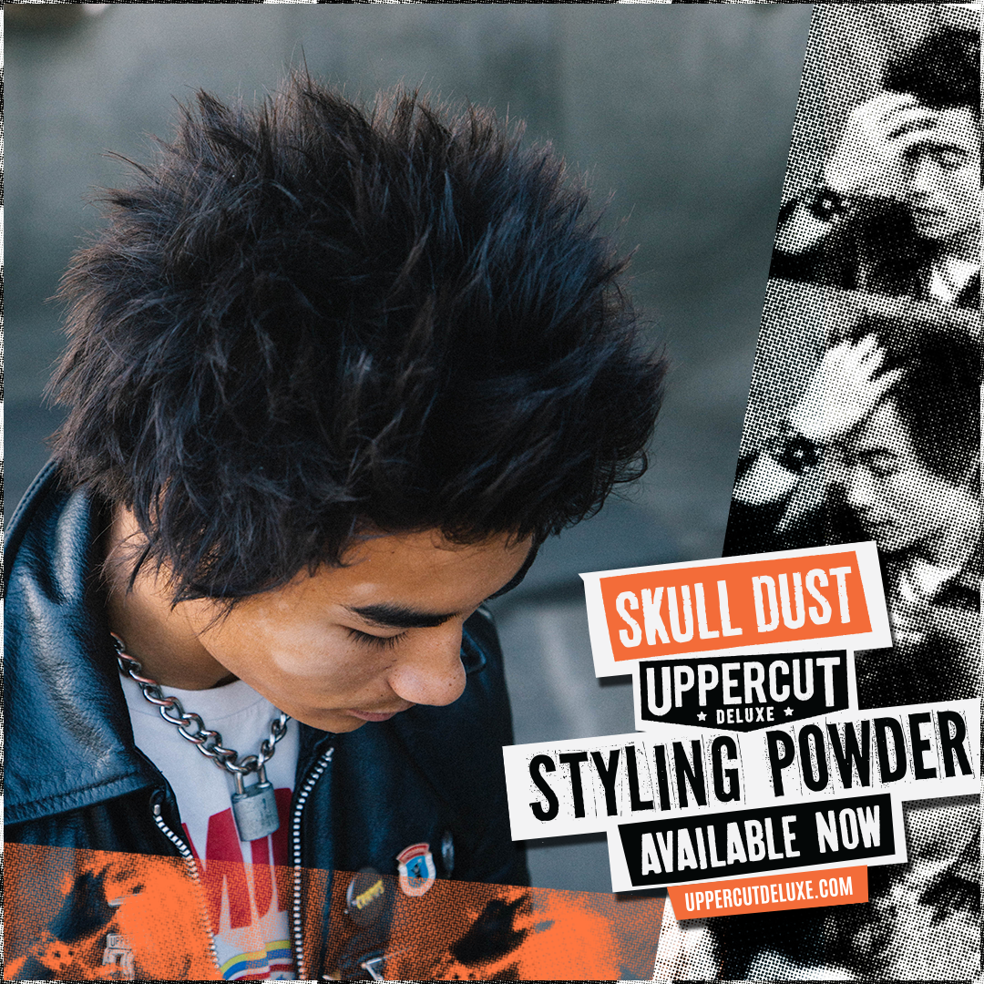 Skateboarder Shaw Collins with the text Skull Dust Styling Powder Available Now