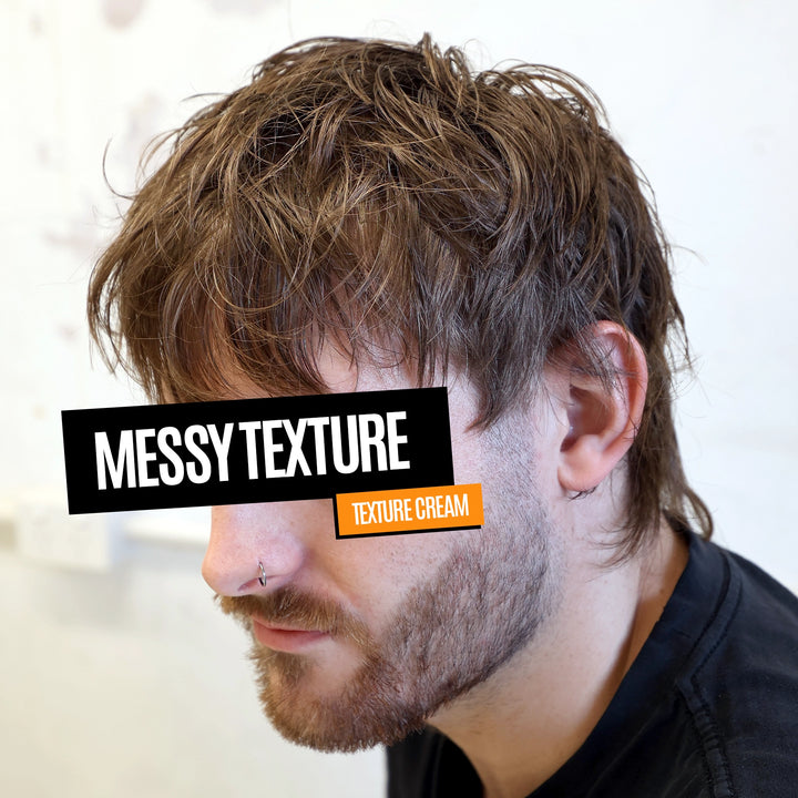 A man in profile with messy medium brown hair, a beard, and a nose ring, wearing a black shirt. Text overlays read 'MESSY TEXTURE' and 'TEXTURE CREAM'.